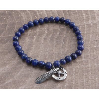 Lapis stone bracelet of Amigaz with feather and compass Stainless Steel pendants stung on 5mm lapis stone beads on stretch cord to fit an 8" wrist.