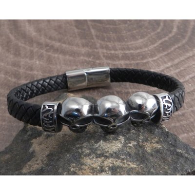For the guy or girl who is packing attitude, this jewelry collection from AMiGAZ is made for you. A three skull heads on leather braid bracelet. This stunner skull style Stainless Steel bracelet has a magnetic lock clasp. Leather is 12 x 4 mm made to fit 8" wrist. Bold, rugged, and eye-catching with details that are bound to set you apart from the crowd, you'll love the way a simple piece of jewelry can elevate your look and your mood.