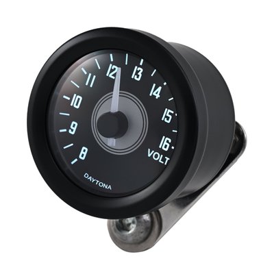 Universal 48mm analog voltmeter with stainless body. White backlit lighting with a red LED low voltage warning light. Includes V shaped bracket. 8.0~16.0V. 
- Stepper motor with precise volt display 
- Voltage range: 8.0 - 16.0V 
- Background LED color: white 
- Battery warning: Low voltage alert by Red LED backlight when less than 12V 
- Stainless steel housing 
- Incl. V-shaped mounting bracket. 