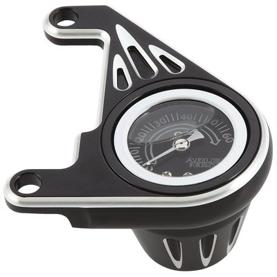 Black anodized. Pressure gauge features a stainless housing, glass lens and glycerin filling for vibration damping. Bracket is CNC machined billet aluminum. Kit includes 60 PSI gauge, billet bracket & gauge cone, stainless oil hose and necessary hardware.