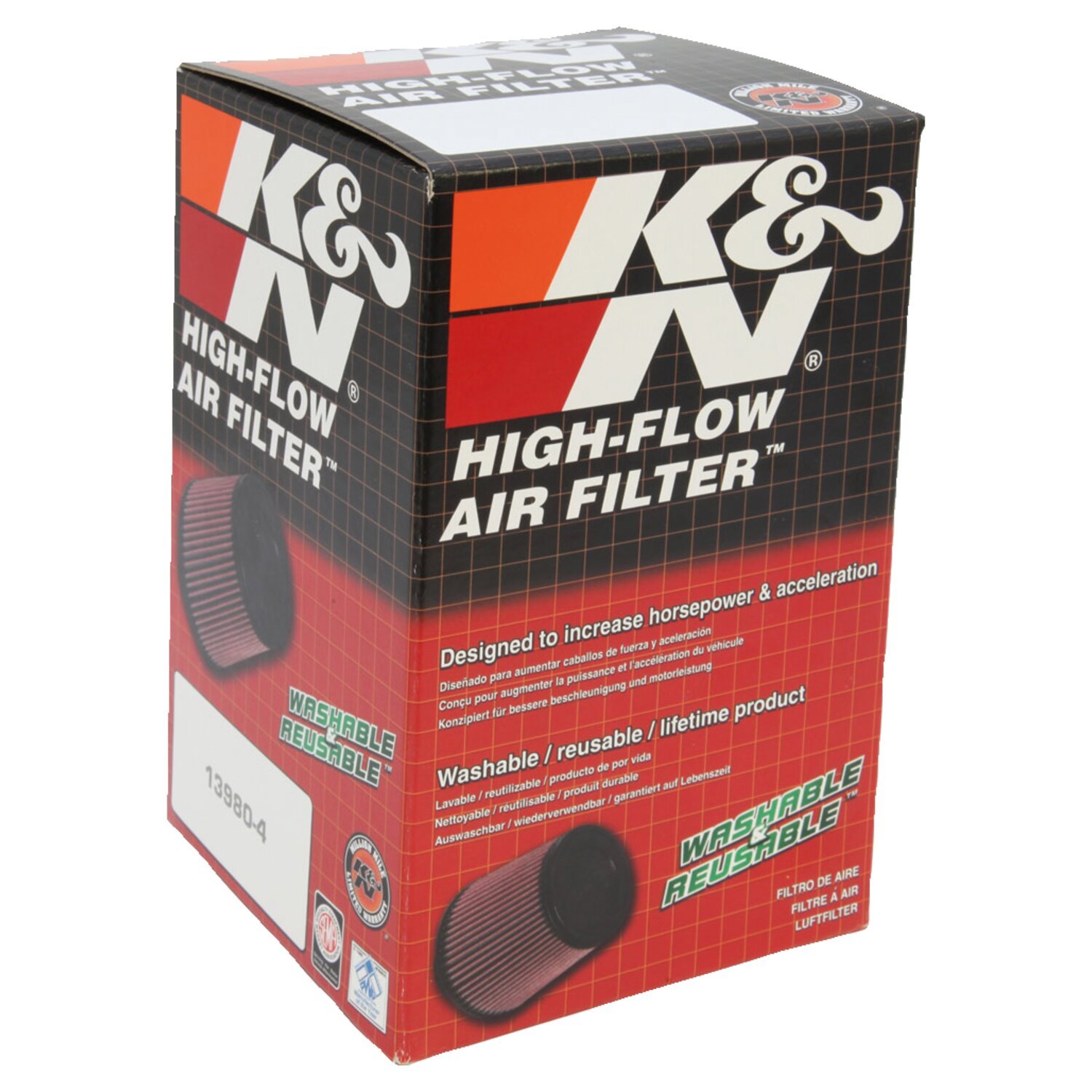 K&N, replacement air filter element. Black tip logo