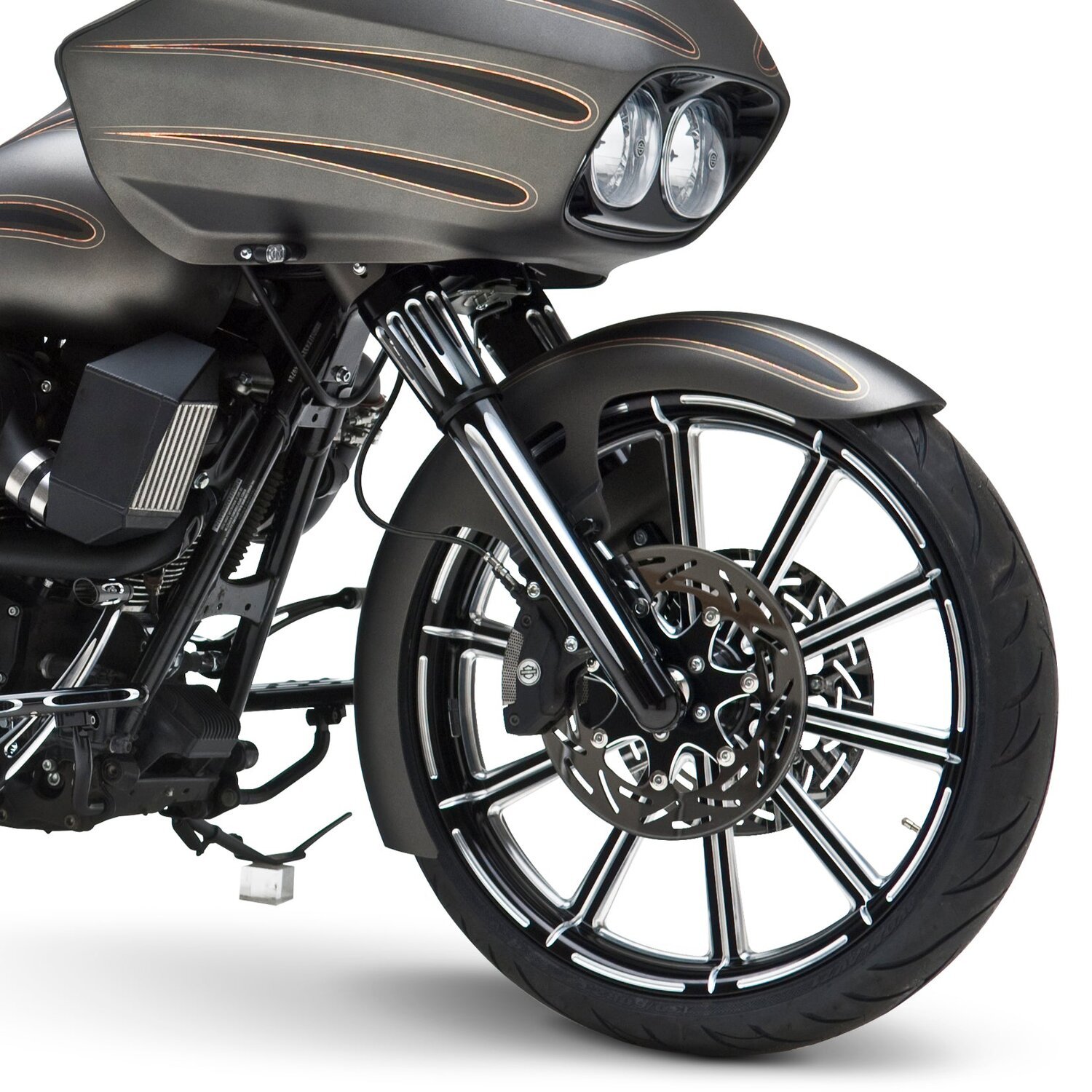Arlen Ness, Deep Cut fork boots. Black contrast machined, Contrast Cut
