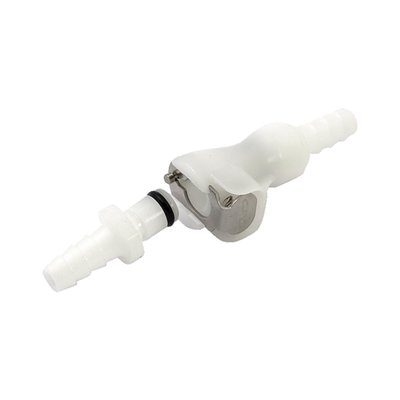 1/4" (6.35mm) Inside Diameter. Single shut-off.  
Connecting and disconnecting your fuel line in a split second. Press the thumb latch and the coupling halves disconnect. The half with the thumb latch is equipped with an automatic fuel shut-off, the other half will stay open. Use dual shut-off for tanks with a crossover line. To connect the fuel lines, just press the coupling halves together. Comes with Viton O-rings. Can be used with any type of pump gas or racing fuels. 
Note: See 960475 for replacement 1/4" O-ring