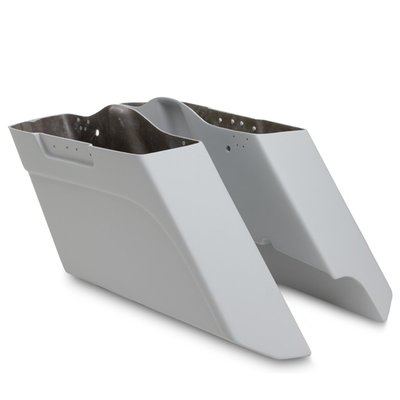 Cut-Out for single muffler.
Arlen Ness Down-N-Out bags are 6" longer and 2" lower than the original Ness Big Bags. A taper on the lower section of the bag gives a clean slimmed-down look and an extra 2" of cornering clearance.
Composite bags: Primed with a high quality polyester sanding primer and ready to paint. Bags are constructed from high quality composite material and are oven cured over a wide heat range to ensure stability and durability. Each bag has hand placed fibers strategically located to provide the highest structural integrity possible and a maximum strength to weight ratio. These are stronger than any OEM (=ABS) hard bag.
- Left & Right set
- Composite material, stronger than stock ABS
- Ready to paint
- No exhaust cut-out
- 6" longer and 2" lower than original Ness big bags.
Note: OEM lids and mounting hardware are not included and must be re-used.
Note: Fit & finish check bags prior to painting.