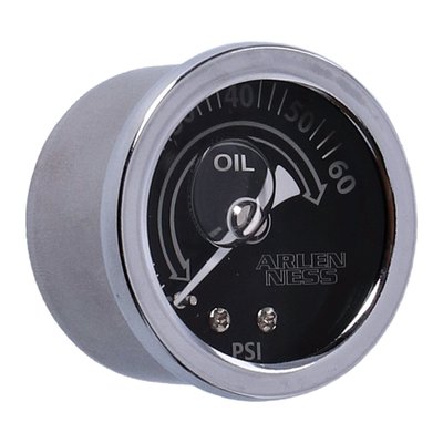 60 PSI. Gray face print. Features a stainless housing, glass lens and glycerin filling for vibration damping. 
Stock replacement for Arlen Ness oil pressure gauge kits.
