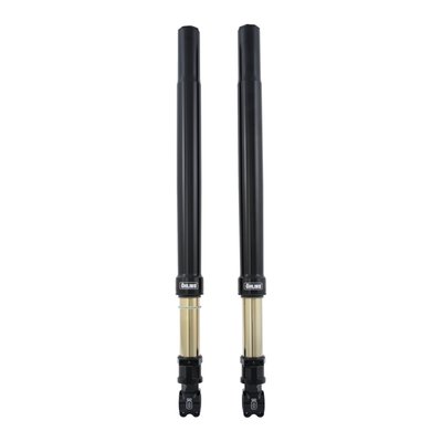 Black anodized (Blackline). Öhlins offers a high quality 43 mm Upside Down / inverted universal front fork for any custom builder that wants to give the bike supreme inverted suspension in the familiar Öhlins Racing design. The technology used is proven throughout the years and works perfectly in a whole range of custom applications. The fork allows tuning by allowing adjustment of spring preload, compression and rebound damping adjustment to best match the rider's preferences.
Note: Does not include brake caliper or fender mounts for maximum adaptability.
- Length 765 mm
- Spring rate 12 N/mm
- Fitted spring 08866-02 (MCS 963139)
- Fully adjustable preload, compression & rebound.
- Stroke 120 mm
- Blackline design, with gold anodized finish
- Top clamp diameter 50mm
- Lower clamp diameter 54mm
- Wheel axle diameter 32mm.
Note: Does not include brake caliper or fender mounts for maximum adaptability.
Note: Please contact Motorcycle Storehouse Tech Support if you want to add Öhlins 988984 KR8 Component Kit (upgraded triple tree set), for 14-up H-D Tourings, to your order. Tech Support can advise you on correct spring set-up for a specific rider weight and, if required, mods for Bagger Racing applications.