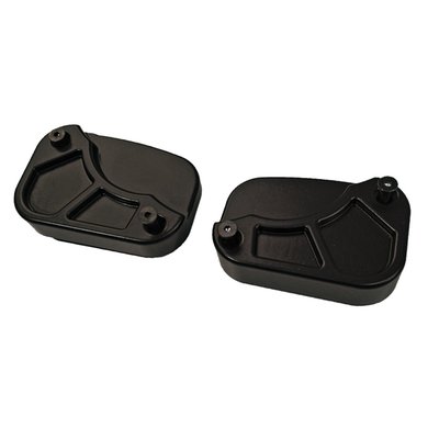 Gloss black powder coated CNC machined aluminum. The total height of 25mm allowed elaborate 3-D CNC machining, making these 'Custom' handlebar master cylinder covers truly custom. Fits brake and clutch side. Includes black hardware. 
Note: Must re-use OEM gaskets / seals.