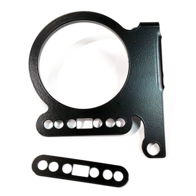 Without speedometer cover cup. 
Steel laser cut relocation bracket with a black powder coated finish. Re-positions the speedometer and indicator light unit from handlebar to the left side of engine. No modifications to wiring required.