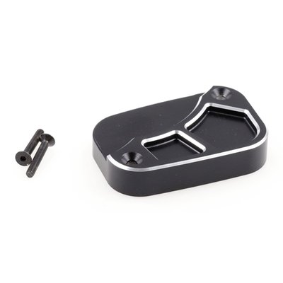 Gloss black powder coated finish with a Contrast Cut machined finish. 3-axis CNC machined from aluminum. The total height of 25mm allowed elaborate 3-D CNC machining, making this 'Custom' handlebar master cylinder cover truly custom. Includes black mounting hardware. 
Note: Must re-use OEM gaskets/seals.