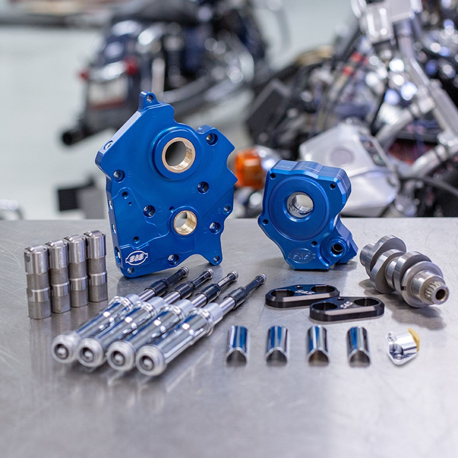 S&S, 475C cam chest kit M8 - Chain drive, oil cooled, Blue, Chrome