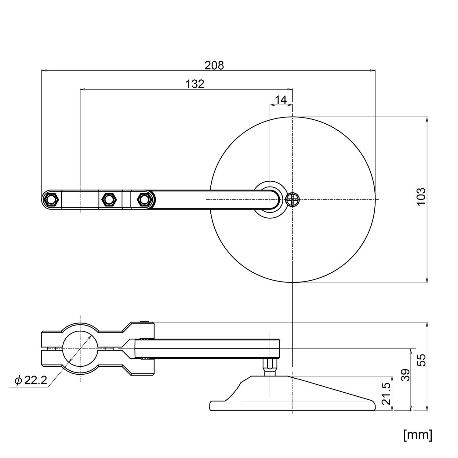 Daytona, clamp-on ABS mirror. 22mm, Black