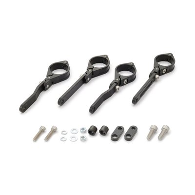 For 35mm diameter fork tubes. 
Black anodized CNC machined aluminium construction. 
These brackets have two clamps that can slide up and down the fork tube. 
By sliding both you can move your headlamp up and down, by sliding only one you can position the headlamp further in or out. 
Complete with turn signal mount kit for M8 threaded turn signals.