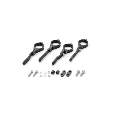 For 41mm diameter fork tubes. 
Black anodized CNC machined aluminium construction. 
These brackets have two clamps that can slide up and down the fork tube. 
By sliding both you can move your headlamp up and down, by sliding only one you can position the headlamp further in or out. 
Complete with turn signal mount kit for M8 threaded turn signals.