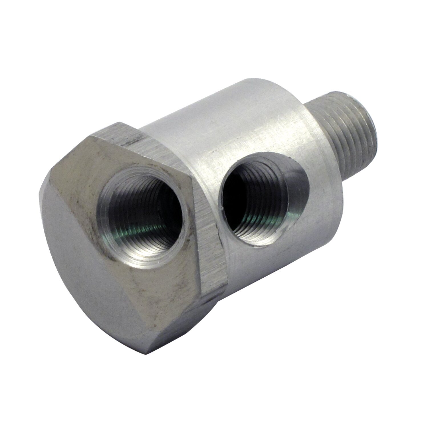 Dual oil pressure gauge adapter. Clear aluminum, Chrome