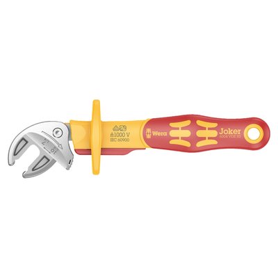 Extra Small.
7-10mm in metric and 1/4" to 3/8" in US sizes. Mouth width 7.7mm. Overall length 119mm.
VDE (Verein Deutsche Elektriker) insulated self setting spanners. Individually tested at 10.000 Volts, in accordance with IEC 60900, which ensures safe working with live wiring up to 1000 Volts. The sliding function allows safe opening of the jaws. Contacting the non-insulated jaws is not required.
The 6004 series Joker is similar to a regular adjustable wrench, and that is also where the similarity stops. The Joker is auto-adjusting and with its smooth parallel jaws it offers a secure grip on bolt and nuts, without causing damage. Additionally it has an actual built-in ratcheting function with a 30° back-pivoting angle.