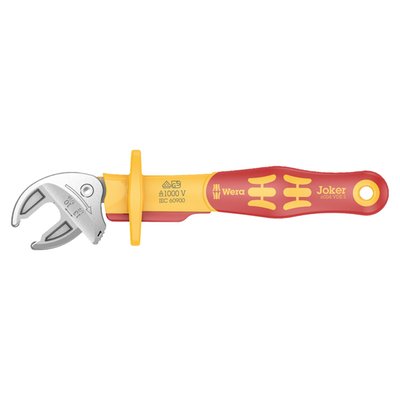 Small.
10-13mm in metric and 7/16" to 1/2" in US sizes. Mouth width 10mm, overall length 155mm.
VDE (Verein Deutsche Elektriker) insulated self setting spanners. Individually tested at 10.000 Volts, in accordance with IEC 60900, which ensures safe working with live wiring up to 1000 Volts. The sliding function allows safe opening of the jaws. Contacting the non-insulated jaws is not required.
The 6004 series Joker is similar to a regular adjustable wrench, and that is also where the similarity stops. The Joker is auto-adjusting and with its smooth parallel jaws it offers a secure grip on bolt and nuts, without causing damage. Additionally it has an actual built-in ratcheting function with a 30° back-pivoting angle.