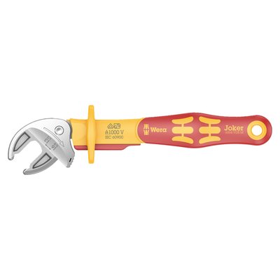 Medium.
13-16mm in metric and 1/2" to 5/8" in US sizes. Mouth width 12.4mm, overall length 190mm.
VDE (Verein Deutsche Elektriker) insulated self setting spanners. Individually tested at 10.000 Volts, in accordance with IEC 60900, which ensures safe working with live wiring up to 1000 Volts. The sliding function allows safe opening of the jaws. Contacting the non-insulated jaws is not required.
The 6004 series Joker is similar to a regular adjustable wrench, and that is also where the similarity stops. The Joker is auto-adjusting and with its smooth parallel jaws it offers a secure grip on bolt and nuts, without causing damage. Additionally it has an actual built-in ratcheting function with a 30° back-pivoting angle.