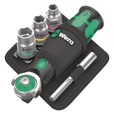 18-piece set; 1 Zyklop Pocket 8009 for 3/8" sockets as well as 3/8" connectors with square head drive; also suitable for bits with 1/4" external hexagon drive as per DIN ISO 1173-C 6.3 and E 6.3 and Wera connection series 1 and 4. 3/8" ratchet and 1/4" bit ratchet screwdriver; freely swivelling ratchet head; pre-defined positions at 0°, 15° and 90° to the left and right; can be used as conventional screwdriver in the 0° position; clockwise/counterclockwise switching, fine-toothed, small return angle of 5°; magnetic direct mounting. Multi-component Kraftform handle for fatigue-free working; captive, freely swivelling magazine with 12 bits integrated in the handle, 1 /4", 25 mm length; one universal holder (75 mm length) with stainless steel sleeve and strong permanent magnet, suitable for mounting bits with 1/4" external hexagon drive as per DIN ISO 1173-C 6.3 and Wera connection series 1; 3 Zyklop sockets, 3/8"; one robust textile tool holster 9468, can be attached to the belt and docked onto the Wera 2go system.
With Metric sockets
Includes:
Ratchet: 8009 1x 3/8"x1/4"x133,0.
Bit holder: 893/1/1 1x 1/4"x75.
Phillips bits: 851/1 BTZ 1x PH 1x25; 1x PH 2x25.
Pozidriv bits: 855/1 BTZ 1x PZ 1x25; 1x PZ 2x25.
Torx bits: 867/1 TORX® BTZ 1x TX 10x25; 1x TX 15x25; 1x TX 20x25; 1x TX 25x25.
Hex bits: 840/1 BTZ 1x 3,0x25; 1x 4,0x25; 1x 5,0x25; 1x 6,0x25.
Sockets: 8790 HMB 1x 8,0x29,0; 1x 10,0x29,0; 1x 13,0x29,0.
Textile pouch: 9468 1x 155,0x65,0.
Hook & loop fasteners: K 70 1x 50,0x70,0.
