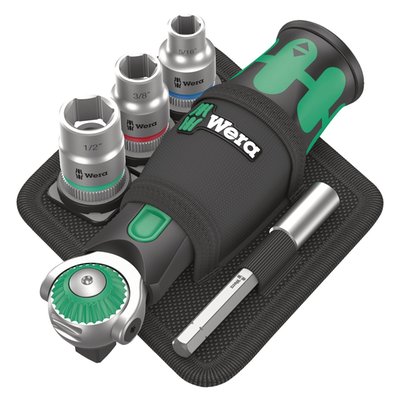 18-piece set; 1 Zyklop Pocket 8009 for 3/8" sockets as well as 3/8" connectors with square head drive; also suitable for bits with 1/4" external hexagon drive as per DIN ISO 1173-C 6.3 and E 6.3 and Wera connection series 1 and 4. 3/8" ratchet and 1/4" bit ratchet screwdriver; freely swivelling ratchet head; pre-defined positions at 0°, 15° and 90° to the left and right; can be used as a conventional screwdriver in the 0° position; clockwise/counterclockwise switching, fine-toothed, small return angle of 5°; magnetic direct mounting. Multi-component Kraftform handle for fatigue-free working; captive, freely swivelling magazine with 12 bits integrated in the handle, 1/4", 25 mm length; one universal holder (75 mm length) with stainless steel sleeve and strong permanent magnet, suitable for mounting bits with 1/4" external hexagon drive as per DIN ISO 1173-C 6.3 and Wera connection series 1; 3 Zyklop sockets, 3/8"; one robust textile tool holster 9468, can be attached to the belt and docked onto the Wera 2go system.
With US sockets
Includes:
Rachet: 8009 1x 3/8"x1/4"x133,0.
Bit holder: 893/1/1 1x 1/4"x75.
Phillips bits: 851/1 BTZ 1x PH 1x25; 1x PH 2x25.
Torx bits: 867/1 TORX®BTZ 1x TX 10x25; 1x TX 15x25; 1x TX 20x25; 1x TX 25x25.
Hex bits: 840/1 Z 1x 1/8"x25; 1x 5/32"x25; 1x 3/16"x25; 1x 1/4"x25.
Square bits: 868/1 Z 1x # 1x25; 1x # 2x25.
Sockets: 8790 HMB 1x 5/16"x29,0; 1x 3/8"x29,0; 1x 1/2"x29,0.
Textile pouch: 9468 1x 155,0x65,0.
Hook & Loop fastener: K 70 1x 50,0x70,0.