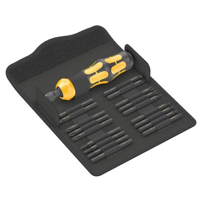 - With Metric sized bits
- 19-piece set with a Kratform Kompakt 900 impact screwdriver
- 17 impact bits
- Packed in a robust textile fold-up pouch with hook and loop fastener
- With a special 900 series Kraftform impact screwdriver
- With multi-component handle with anti-roll protection
- Magnetic bit mount
- One-piece tool steel shaft with impact cap
- For use with impact bits
Includes:
- Impact screwdriver: 921 1x 1/4"x163,5
- Phillips bits: 851 S 1x PH 1x70; 1x PH 2x70; 1x PH 3x70
- Pozidriv bits: 855 S 1x PZ 1x70; 1x PZ 2x70; 1x PZ 3x70
- Torx bits: 867 S TORX® 1x TX 15x70; 1x TX 20x70; 1x TX 25x70; 1x TX 30x70; 1x TX 40x70
- Hex bits: 840 S HexPlus 1x 3,0x70; 1x 4,0x70; 1x 5,0x70; 1x 6,0x70
- Slotted bits: 800 S 1x 0,8x4,0x70; 1x 1,0x5,5x70; 1x 1,2x6,5x70
K 120 1x 50,0x120,0
