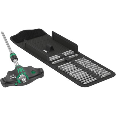 US sizes. 
17-piece set. T-handle with integrated left/right switchable ratchet with fine 80 teeth with return angle of 4.5° for quick and safe working. Complete with 16 extended 1/4" bits of 89mm length. All is packed in a tough textile pouch with hook & loops fasteners. 
- Reversing lever for comfortable clockwise/ counterclockwise direction change 
- Convenient working thanks to the ratchet mechanism fully embedded in the handle 
- Ergonomic 2-component handle with finger handle recesses and pleasant surface feel for very high power transmission and less fatigue 
- Rapidaptor bitholding screwdriver with fastrotating sleeve for lightning-fast bit changes and high working speeds 
- For bits with 1/4" external hexagon drive as per DIN ISO 1173-C 6.3 and E 6.3. 
US sizes 
Includes: 
T-handle: 416 RA 1x 1/4"x45. 
Phillips bits: 851/4 Z 1x PH 2x89; 1x PH 3x89. 
Torx bits: 867/4 Z TORX®1x TX 10x89; 1x TX 15x89; 1x TX 20x89; 1x TX 25x89; 1x TX 30x89; 1x TX 40x89. 
Hex bits: 840/4 Z 1x 1/8"x89; 1x 5/32"x89; 1x 3/16"x89; 1x 7/32"x89;1x 1/4"x89. 
Square bits: 868/4 1x # 2x89; 1x # 3x89. 
Slotted bits: 800/4 Z 1x 1,0x5,5x89 
Hook & loop fasteners: K 120 1x 50,0x120,0.