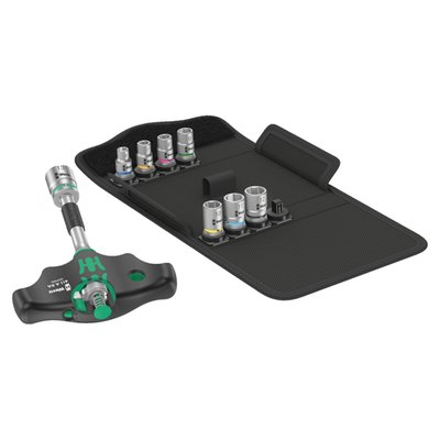 With 8 metric sized sockets, 6mm to 13mm. 
9-piece set in a robust textile pouch. Comes with T-handle adapter screwdriver with 1/4" drive and a integrated left/right switchable ratchet with fine 80 teeth with return angle of 4.5° for quick and safe working. Includes 8 pices of 1/4" drive sockets, with 'take it easy' color coded for size tool finder. All is packed in a tough textile pouch with hook & loops fasteners. 
- Reversing lever for comfortable clockwise/ counterclockwise direction change. 
- Convenient working thanks to the ratchet mechanism fully embedded in the handle. 
- Ergonomic 2-component handle with finger handle recesses and pleasant surface feel for very high power transmission and less fatigue. 
- 8-piece color coded socket set. 
- Robust textile pouch with hook & loop fasteners. 
Includes: 
T-handle: 411 A RA 1x 1/4"x45
Metric sockets: 8790 HMA 1x 6,0x23,0; 1x 7,0x23,0; 1x 8,0x23,0; 1x 9,0x23,0; 1x 10,0x23,0; 1x 11,0x23,0; 1x 12,0x23,0; 1x 13,0x23,0
Hook & loop fastener: K 120 1x 50,0x120,0
