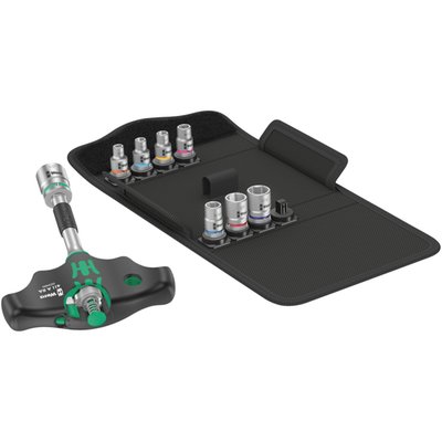 With 8 US sized 3/16" to 1/2"  color coded sockets. 
9-piece set in a robust textile pouch. Comes with T-handle adapter screwdriver with 1/4" drive and a integrated left/right switchable ratchet with fine 80 teeth with return angle of 4.5° for quick and safe working. Includes 8 pices of 1/4" drive sockets, with 'take it easy' color coded for size tool finder. All is packed in a tough textile pouch with hook & loops fasteners. 
- Reversing lever for comfortable clockwise/ counterclockwise direction change. 
- Convenient working thanks to the ratchet mechanism fully embedded in the handle. 
- Ergonomic 2-component handle with finger handle recesses and pleasant surface feel for very high power transmission and less fatigue. 
- 8-piece color coded socket set. 
- Robust textile pouch with hook & loop fasteners. 
Includes: 
T-handle: 411 A RA 1x 1/4"x45. 
US sized sockets: 8790 HMA 1x 3/16"x23,0; 1x 7/32"x23,0; 1x 1/4"x23,0; 1x 9/32"x23,0; 1x 5/16"x23,0; 1x 3/8"x23,0; 1x 7/16"x23,0; 1x 1/2"x23,0. 
Hook & loop fastener: K120 1x 50,0x120,0.
