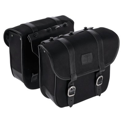 Nothing more universal usable than a set of throw-overs. 
Cowboys used them, now bikers do. Made of a combination of waxed cotton and leather. 
Leather is used on most abrasive point, like all edges and parts with the highest level of stress like the mounting flap and bottom part of the bag.
Complete with reinforced backside. 
Approx. dimensions: 29cm long x 26cm high x 12cm thick. 
Sold in pairs. 
Note: The 'Waxed Cotton' material, as used in the LongRide product line, is manufactured from approx. 650gr/m 100% cotton cloth. This cloth is impregnated with wax, which makes it durable and gives it water repellant characteristics. This is the historically correct predecessor of synthetic developments like, for instance, Goretex. This is the genuine classic material.