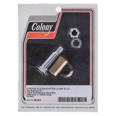 Chrome. Hand shifter lever reproduction parts. Incl. all hardware required to mount the shifter lever. Includes a spring steel wave washer to help prevent rattling. 
OEM replacement reference 2206-37 (stud & bushing kit), 2225-36 stud, 2207-47 bushing, 0259 washer and 0117 nut. 