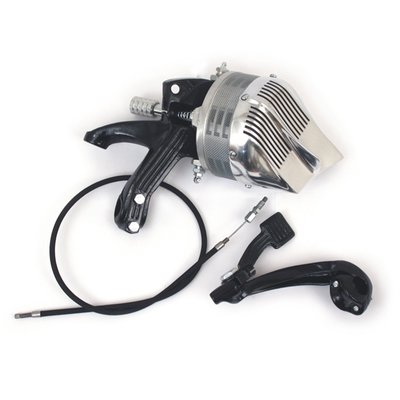 Early style reproduction mechanical siren. 
Aluminum aero cover. 
Foot pedal operated by pushing the siren driveshaft to the tire. 
Sounds similar to the early warning air-raid attack sirens in World War II. 
If you've never heard one of these before, you're in for a howlin' surprise! 
Siren comes complete as shown. 
Weight 5.82kg. 
OEM replacement reference 11225-36. 