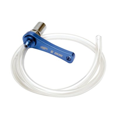 Chromoly steel; Blue anodized aluminum handle and bleed line; With internal check valve for auto-bleeding or flushing; Bleeds brake & hydraulic clutch