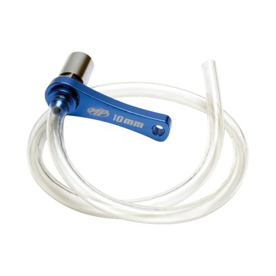 Chromoly steel; Blue anodized aluminum handle and bleed line; With internal check valve for auto-bleeding or flushing; Bleeds brake & hydraulic clutch