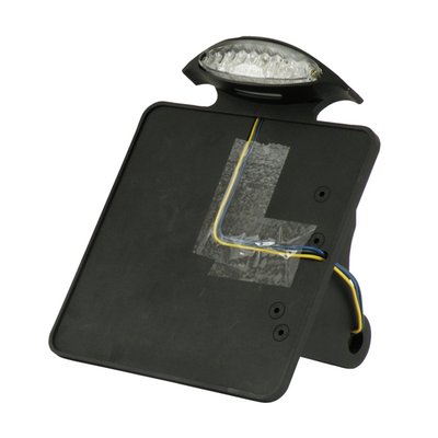 Black, for German 200x200mm sized license plate, with LED Mini taillight (EC approved lens), side mount, 1 inch axle