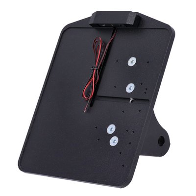 For German 180x210mm license plates. Black powder coated aluminum. This is a side mounted license plate holder, that installs to the lower shock absorber bolt. Includes LED LargeLight license plate illumination and all required hardware for installation.