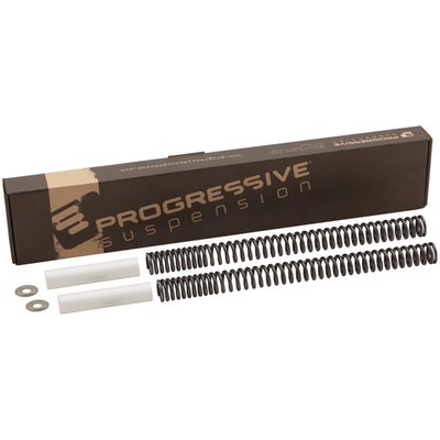 Progressive rate fork springs of superior quality. Precision wound and made of high quality chrome silicon wire. Provides a smooth ride but the progressive rate helps prevent bottoming out when taking big bumps. Each kit comes with progressive fork springs and necessary spacers. 
OEM replacement reference 45500293, 45500294