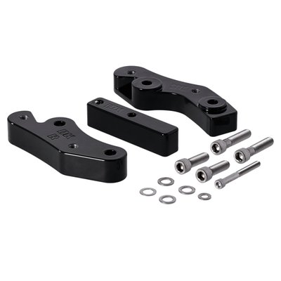 Relocation kit to move the rider's floorboard further 1.5" (38mm) further forward and 1" (25mm) further outward. Will enable you to stretch your legs and improve placement of your feet. Offers additional clearance between knee / air cleaner and foot / exhaust header. Since the floorboard is installed further forward, and although it is also mounted further outwards, it still improves the bike's lean-angle. Easy bolt-on installation. Comes complete with grade 8 stainless mounting hardware and instructions. 
- 1" (25mm) outward 
- 1.5" (38mm) forward 
- Improved lean angle 
- Black powder coated 
- CNC cut aluminum 
- Grade 8 hardware 
- More space & a natural seating position 
- Improves knee/foot clearance at air cleaner and exhaust head pipe 
- Easy bolt-on installation 
- Includes step-by-step instructions 
Note: Not compatible with engine guards. See 974955 for models with engine guards.