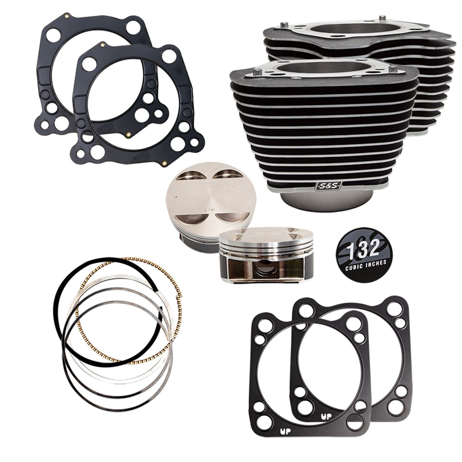 S&S, 132" big bore kit. Black cylinders / highlighted fins, Wrinkle