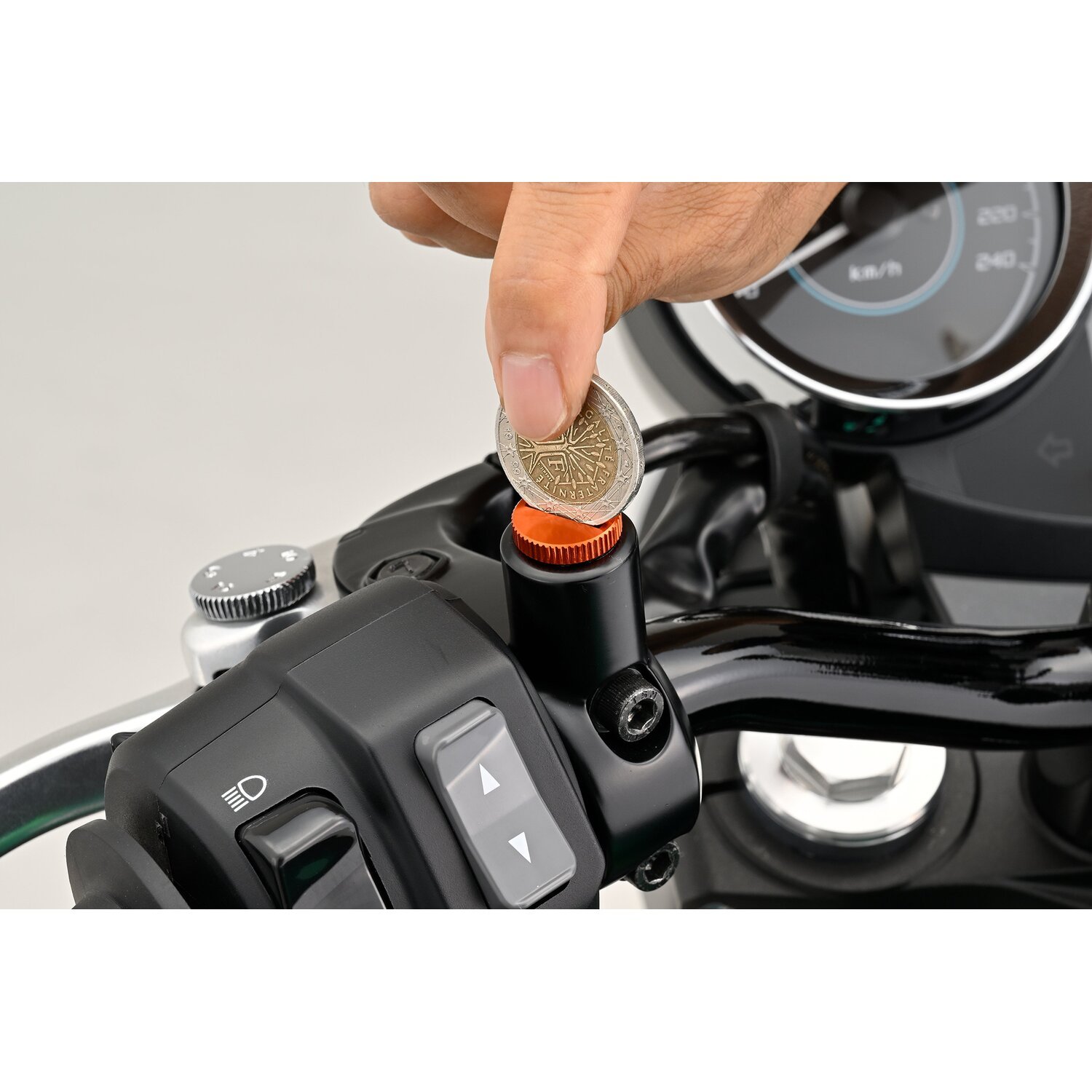 Daytona, mirror hole plug. Orange. RHT, Polished