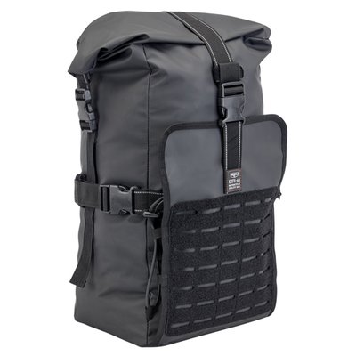 This rugged moto-pack is right-sized for nearly any adventure. Size wise in the middle of the Biltwell Exfill gear. Features include a large main compartment and an expandable flap that can quickly hold a bedroll or outer layer. Universal mounting is easy with three built-in compression straps and two additional tie-down points. Version 2.0 upgrades include improved cargo flap with Velcro loop with laser-cut MOLLE on the outside and rugged rip-stop pocket on the inside. New elastic shock cord on sides of cargo flap help keep gear tidy. 
- UV-treated, 1680 denier ballistic-grade polyester nylon construction throughout 
- PVC treatment on exterior panels for added weather resistance 
- Roll-top closure with reinforced nylon quick-release buckles keeps contents sealed tight 
- Three 1.5-inch wide removable mounting straps with reflective stitching offer mounting options and security 
- Seven rows of laser-cut MOLLE webbing for mounting and secondary gear attachment 
- Rugged SBS synthetic, weather-resistant zippers with knotted nylon cord pulls 
- Removable padded nylon shoulder strap is adjustable, fastens quickly for portage 
- Interior volume holds 60 12-ounce (340 grams) cans 
- Stuffed, closed dimensions: 18" (46cm) tall x 14" (36cm) wide x 11" (28cm) deep