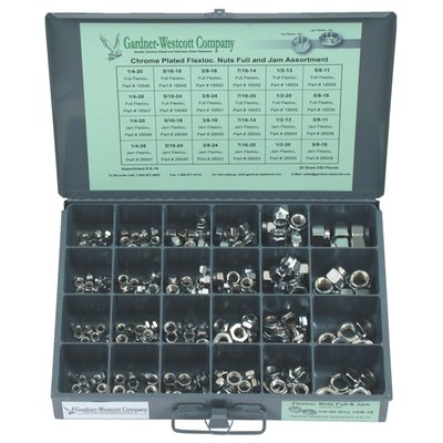 Chrome, with regular & jamnut style flexloc nuts, UNC & UNF, 8/32 to 5/8 sizes. 24 sizes, 240 pieces