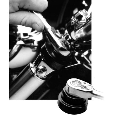 Installs & removes the top fork tube cap; 3/8" drive; Rubber protector inside; Clears most handlebars
