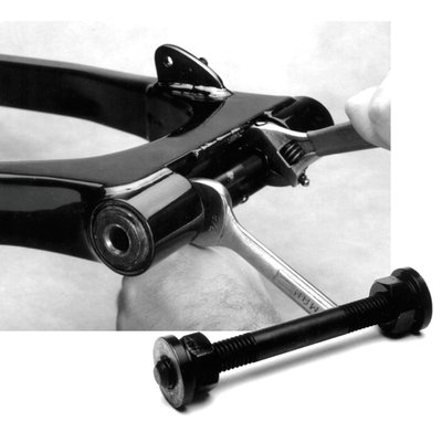 Used to install the swingarm in a 5-speed rubber mount frame. When the bushing assemblies (cleve blocks) are replaced they need to be positioned to install in the rear of the transmission. This tool will spread the swingarm bushing assembly allowing the installation of the swingarm. 
Note: See 978378 JIMS cleve block bushing assembly tool for bushing removal and installation.