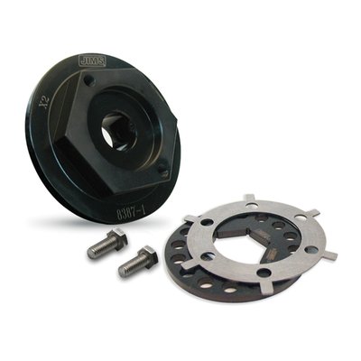 Use on 40274-08 compensator kits. Replaces 37810-08A sprocket retainer.
Prevents compensator sprocket assembly from working itself loose. Peace of mind is key when it comes to building a high performance powertrain. The Compensating Sprocket Lock Kit is now ready and available for select Harley-Davidson motorcycles. This system positively secures the compensating sprocket so it cannot come loose. Rubber mounted engines may insulate the rider and frame mounted components from vibration, but the entire powertrain, including the compensating sprocket, is still at risk from fasteners coming loose due to shaking. Additionally, today’s larger and more powerful engines can cause a lesser fastening system to come loose from large power pulses combined with the back and forth motion from getting on and off the throttle. Along with drive line security, the JIMS Compensating Sprocket Lock Kit keeps the alternator rotor in place to prevent damage to the charging system as well. This is not only a race engine item, stock bikes will also benefit from this upgrade to increase reliability and safety. Not for early style compensator with spring cup attached to rotor or 2014 stock compensator.