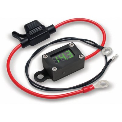 Small volt meter; 12/6 volt compatible; digital display; Includes wiring with replaceable fuse; Installs between + & - on battery; Detects potential charging & other battery issues