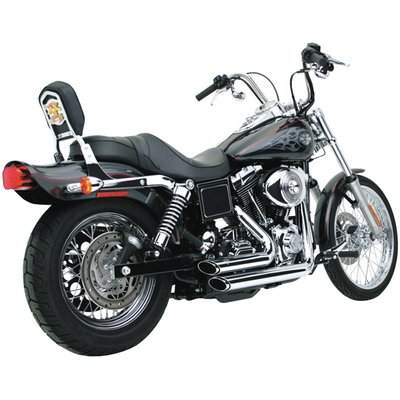 The unmistakable slash cut ends on this exhaust system makes it different from the regular Shortshots. The deep hot rod roar shows everybody there is more to this system than good looks. Stepped headers from 1 3/4" to a 2 1/2" muffler body and 220° coverage full length heat shields that are almost invisible. 
Note: See 981157 for stock replacement baffle with billet tip. 
Note: See 981423 for optional quiet baffle. 
Note: See 559171 for optional extra quiet  'Super Q' baffle.