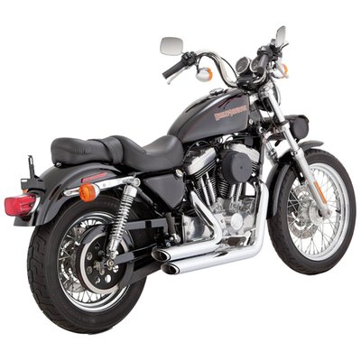 The unmistakable slash cut ends on this exhaust system makes it different from the regular Shortshots. The deep hot rod roar shows everybody there is more to this system than good looks. Stepped headers from 1 3/4" to a 2 1/2" muffler body and 220° coverage full length heat shields that are almost invisible. 
Note: See 981157 for stock replacement baffle with billet tip. 
Note: See 981423 for optional quiet baffle. 
Note: See 559171 for optional extra quiet  'Super Q' baffle.