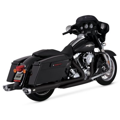 Matte black ceramic coated. Individual crossover head pipes offer the traditional look and are best in giving the distinctive H-D potato-potato sound. 2 1/4" 220° full coverage heat shields give this head pipe set a massive look and a long lasting finish. Special propriety bends in combination with stock 1 3/4" diameter pipes provide the best possible horsepower and torque from your engine. Can be used with stock mufflers or add a pair of Vance & Hines slip-ons, of the correct model year, for maximum performance, torque and great sound.
Note: Performance slip-on mufflers are separately available.
Note: See 981792 for left muffler mount kit when converting 2010 US Touring models with a single muffler to a dual muffler set-up.