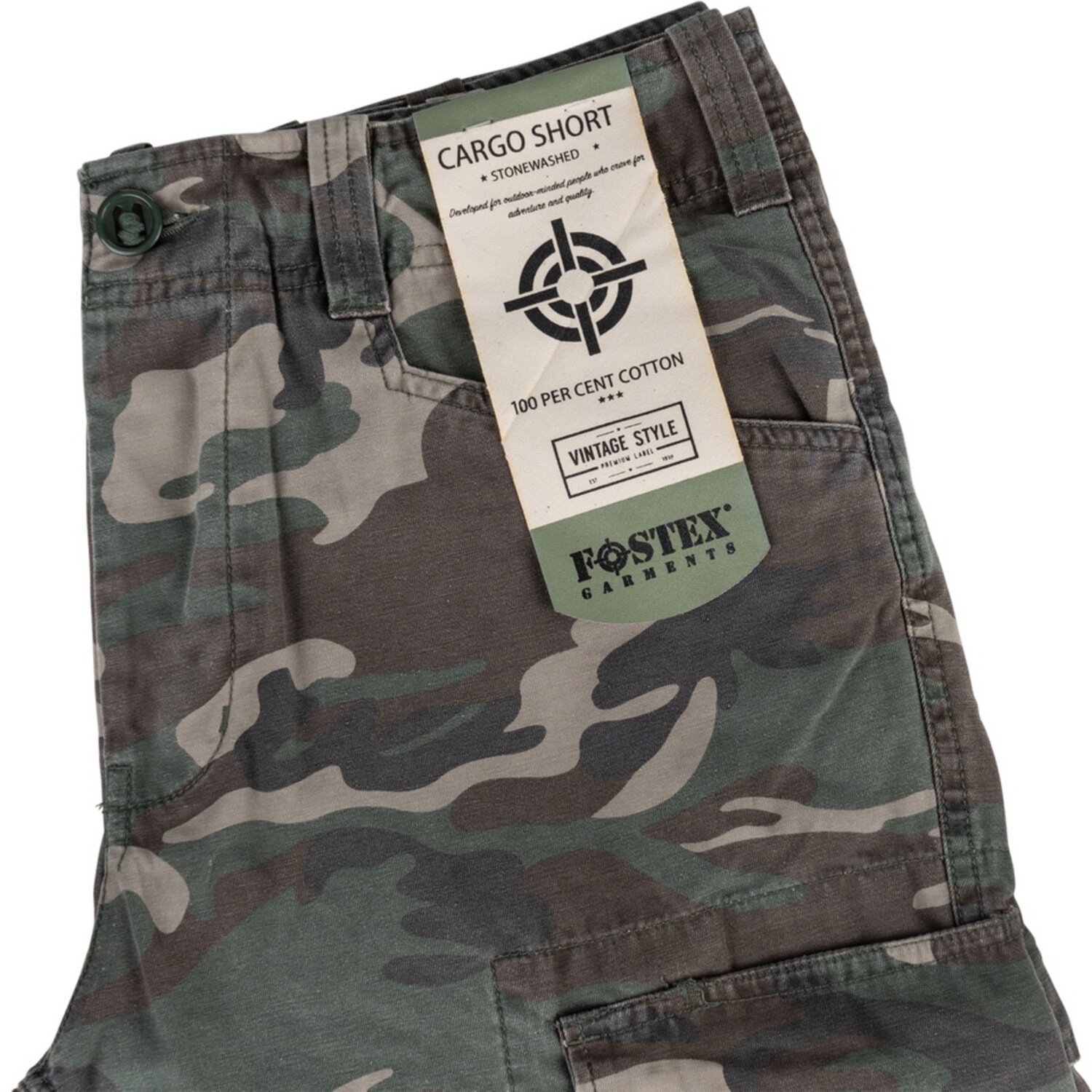 Army Surplus Cargo short, woodland stonewashed Green, L, Washed
