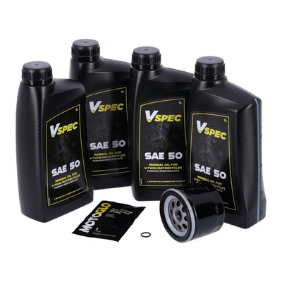 4 liter. 
Black oil filter (63782-80 / 63810-80A stock like short style). 
Basic service kit with an oil filter, o-ring drain plug and enough engine oil to service the specific model as mentioned. 
Used to service your bike during a regular service interval or before you store it for the for the winter period. 
Note: Comes with genuine Vspec high quality SAE mono grade mineral engine oil for classic engines that require SAE 50 engine oil. 
Note: Used oil may contain harmful acids and/or other contaminants. Therefore it is advised to do an oil and filter change before winter storage. 
Note: Check your service manual for the recommended factory oil change intervals. 