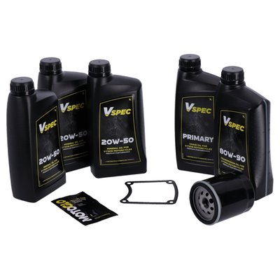 Includes: 3 liters SAE 20W50 mineral engine oil, 63805-80A oil filter black, 1 liter primary case oil, 1 liter 80W90 transmission oil, 34906-85D inspection cover gasket. 

Quality mineral SAE 20W50 multigrade Vspec engine oil for bikes that require mineral engine oil. Meets or exceeds JASO MA/2. Our 'Big Oil' kit includes enough Vspec engine, transmission and primary oil to service the specific models as mentioned. Kit includes a chrome or black spin-on oil filter and all required drain plug seals and a primary derby/inspection cover gasket/seal to get the job done. The 'Big Oil' kit is perfect to full oil-service your bike during a regular service interval or before you store it for the for the winter period.  Note: Comes with genuine Vspec high quality motor oil for all stock to high output engines.  Note: OEM part numbers are given for reference only.  Note: Used oil may contain harmful acids and/or other contaminants. Therefore it is advised to do an oil and filter change before winter storage.  Note: Check your service manual for the recommended factory oil change intervals and oil change quantities.